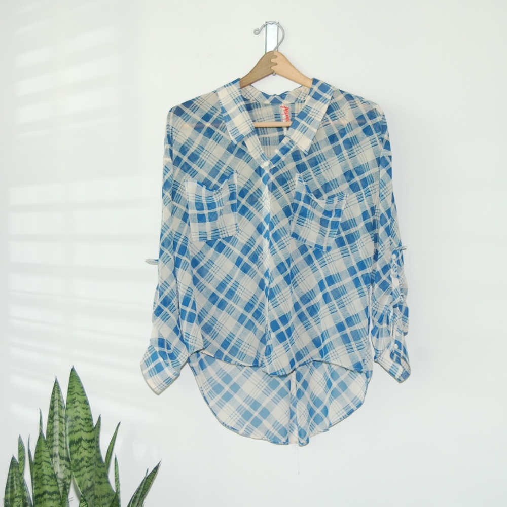 Free People Sheer Blue Plaid Long Sleeve High Low Blouse - Picture 3 of 6